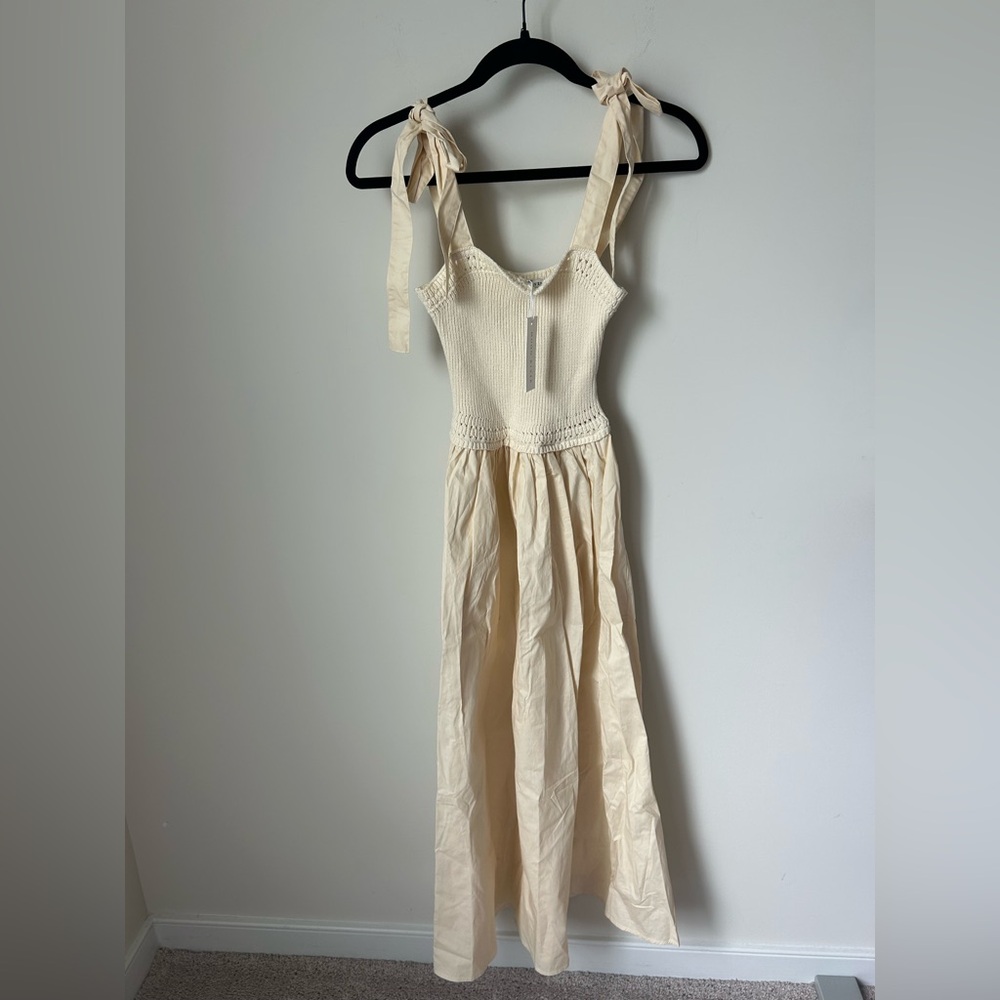cream Sleeveless bow tie strap midi Dress